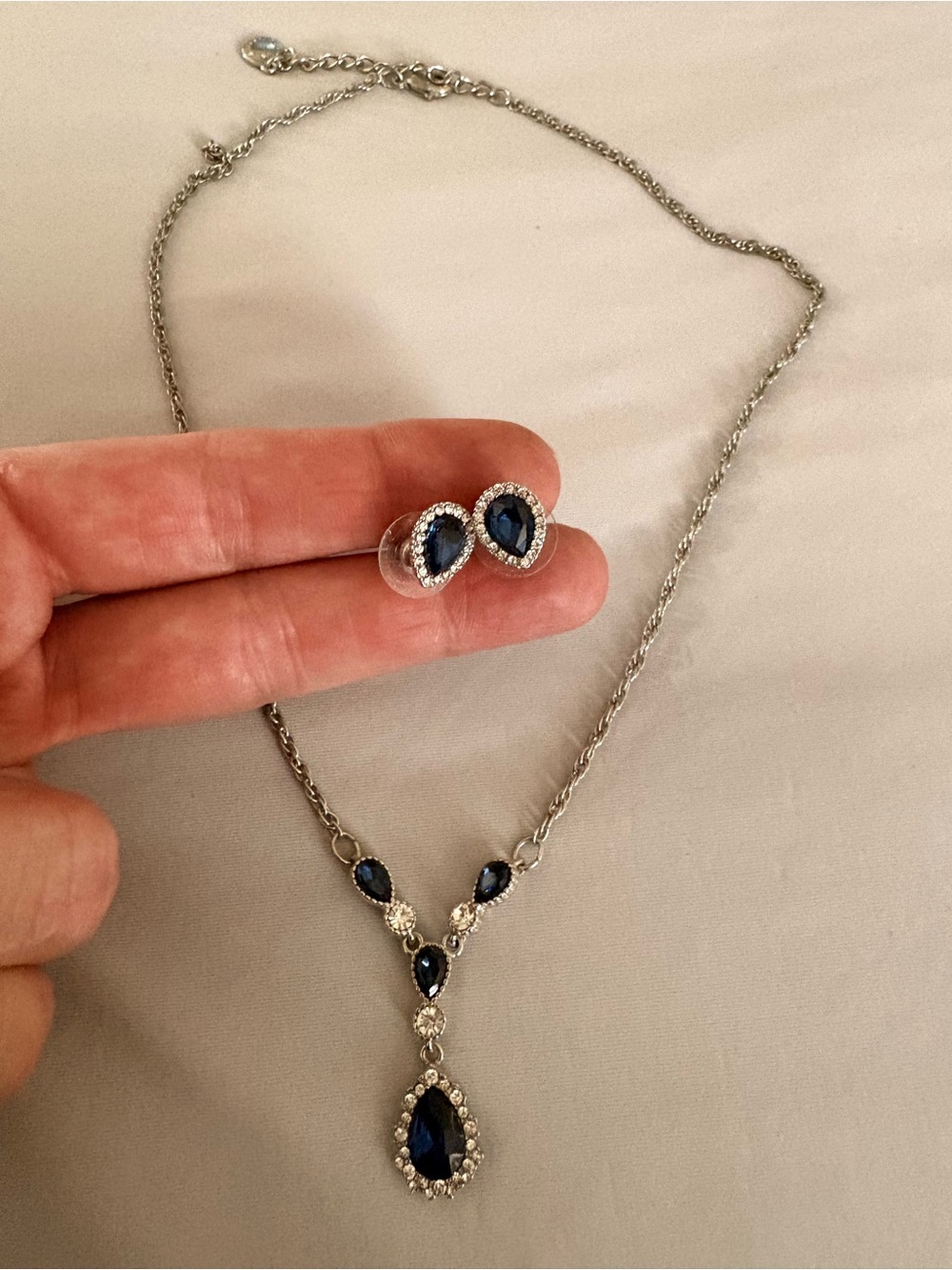 Silver-Tone Blue Teardrop Necklace & Earrings Set